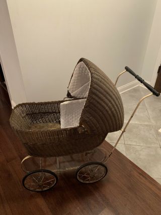 Antique Vintage Lloyd Loom Wicker Baby Carriage Buggy Stroller 2