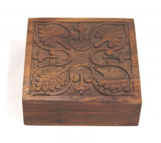 Lovely Vintage Style Square Wooden Box With Carved Lid Decorative 6 " Wide - G23