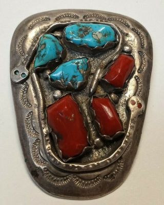 Vintage Effie C.  Signed Zuni Sterling Turquoise/coral Bolo Tie Buckle 78.  7g