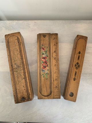 3 X Vintage Antique Wooden Floral Pencil Cases Boxes With Key Money Box
