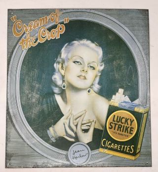 Vintage Jean Harlow Cream Of The Crop Lucky Strike Cigarette Tin Ad Sign