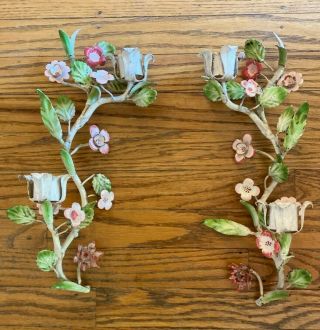 Vintage Italian Tole Floral Wall Candle Sconces Pair
