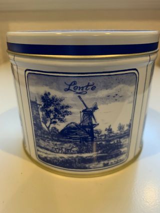 Vintage Holland Stroopwafels Lente Four Seasons Blue & White Tin Box W/ Lid
