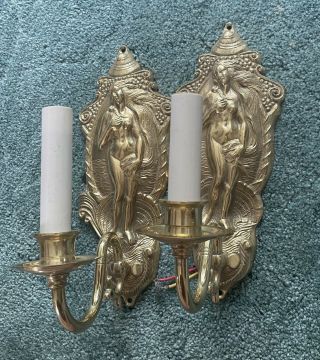 (2) Fritz Art Deco Lighted Wall Sconces Gold Nude Ladies - No Shades