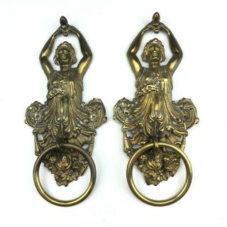 Pair Antique Victorian Solid Gilt Brass Ornate Figural Maiden Door Knockers Lhb