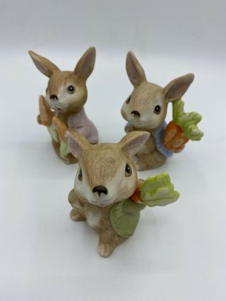 3 Easter Homco Bunny Rabbits Porcelain Figurines Garden Carrots In Hands Cute