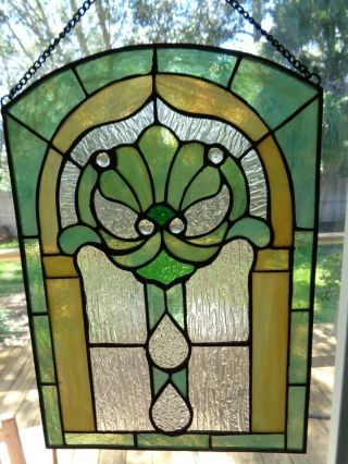 Stained Leaded Glass Window Panel Art Nouveau Style 13 1/2 " X 9 1/2 "