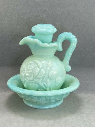 Vintage Avon Light Green Victorian Slag Glass Rose Bath Oil Pitcher & Basin Bowl