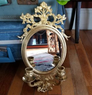 Vintage Ornate Brass Mirror And Double Candle Holder Wall Sconce Floral Festoon