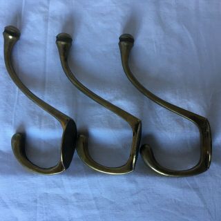 Vintage Set Of 3 Solid Cast Brass Double Coat Hooks