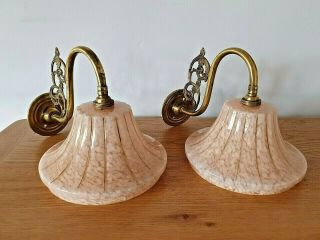 Pair Vintage Brass Wall Light Sconce Art Deco Pink Shades Lovely