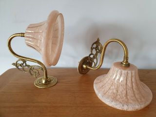 Pair Vintage Brass Wall Light Sconce Art Deco Pink Shades Lovely 2