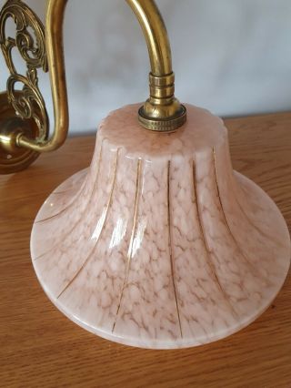 Pair Vintage Brass Wall Light Sconce Art Deco Pink Shades Lovely 3