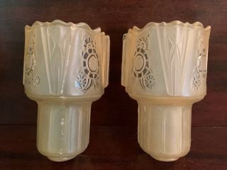 Vintage Pair 2 Art Deco Wall Sconce Slip Shades Amber Glass