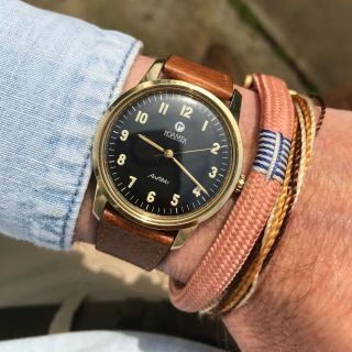 NOS vintage 1970 ' s Roamer anfibio black military dial MST 414 gold plated watch 2