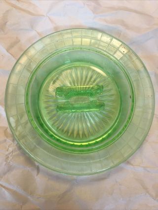 Vintage Green Uranium Glass Ashtray - Round With Small Square Embossing 2b