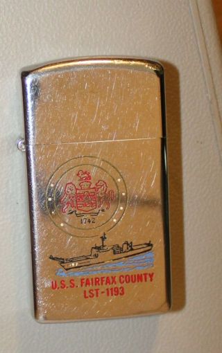 1974 Vintage Slim Zippo Navy Lighter Vietnam Era Uss Fairfax County Lst - 1193