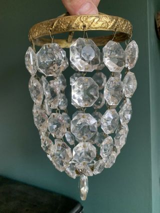 Vintage French Small Bag Crystal Glass Chandelier Brass Gold Ceiling Lamp Shade
