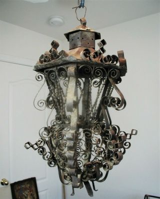 Vintage Wrought Metal Spanish Revival Gothic Hanging Lantern - Large