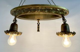 Antique Art Deco/victorian Brass Ceiling Fixture Chandelier Hanging Pan 2 Light