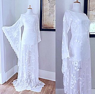 Vtg White Art Deco Draped Sheer Lace Boho Hippie Bell Sleeve Wedding Maxi Dress