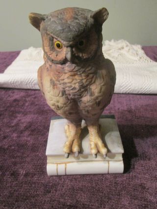 Great Horned Wise Owl Perched On Books Andrea Sadek Figurine Bird Porcelain 9.  5”