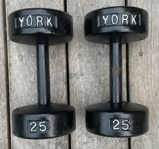 Vintage York 25lb Roundhead Dumbbells Weightlifting Cast Iron Pre Usa