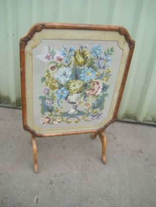 Stunning Victorian Antique Folding Fire Screen Table Tapestry Wood Wooden Floral