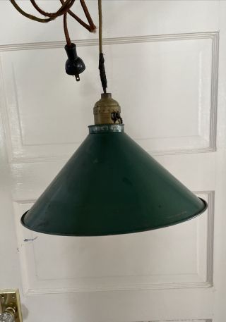 Vintage 1920s Industrial Art Deco Metal Shade Pendant Hanging Light Fixture 10”