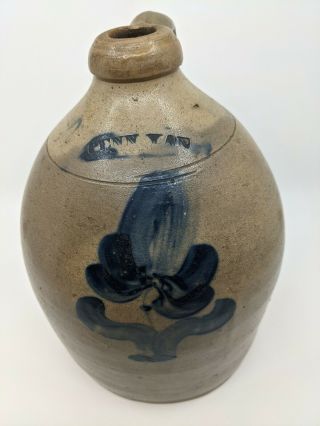 Antique Stoneware 1 Gallon Jug With Blue Flower Motif