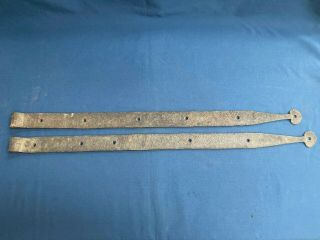 Pair Antique Rustic Hand Forged Iron Barn Door Strap Hinges 33 " & 31 7/8 "
