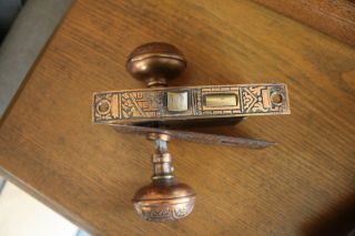 Antique Victorian Eastlake Door Knob Set,  Backplates,  Brass,  Copper,  Lock