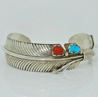 Vintage Navajo Signed Milton Thomas Sr Sterling Cuff Turquoise Red Coral 23.  8g