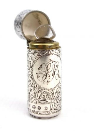 Antique Sterling Silver Scent Perfume Bottle With Stopper Birmingham 1892