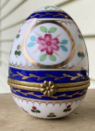 Limoges China Decorative Egg Trinket Box.  Blue Pink Green And Gold.