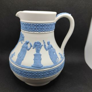Vintage Wedgwood Blue On White Jasperware Etruscan Jug / Pitcher