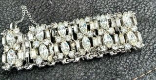 Vintage Wide Bogoff Signed Crystal Clear Rhinestone Bracelet Rhodium Plated