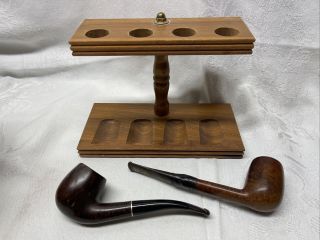 Walnut 4 - Pipe Stand Holder Wood Smoking Rack Tobacco Vintage W/ 2 Pipes