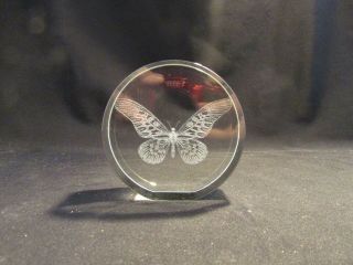 Crystal Clear Glass Paperweight 3 - D Laser Etched Butterfly Lays Flat Or Stands