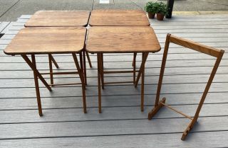 Vintage Set Of 4 Solid Oak Wood Folding Tv Trays Tables,  Stand Mcm Sturdy Euc