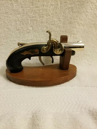 Vintage Flintlock Pistol Cigarette Lighter Gun With Wood Stand.