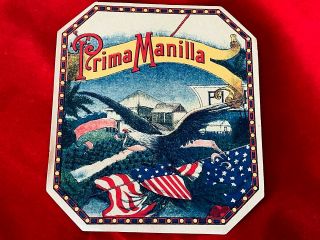 Colorful Vintage Cigar Box Label Prima Manilla Patriotic Us Eagle Flag 4.  5 "