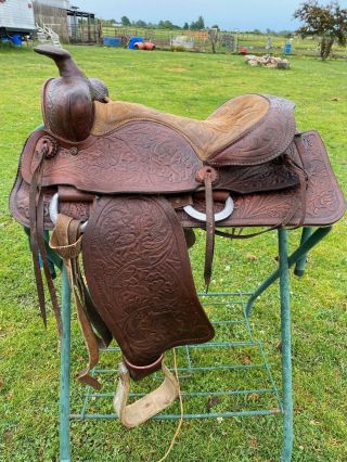 Used/vintage 14 " Big Horn Western Saddle Padded Suede Seat,  Tooled Leather