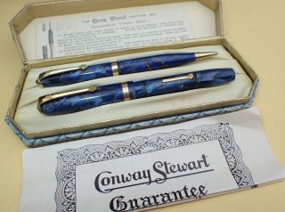 Vintage Conway Stewart 84 Writing Set - C,  1957 - Blue/gold Cracked Ice