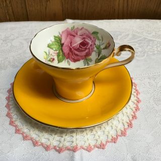 Vintage Aynsley Pink Cabbage Rose Bright Yellow Corset Bone China Tea Cup Saucer