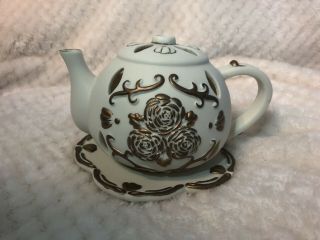 Partylite Tea Time Teapot Tealight Candle Holder Ivory Bisque Roses Votive Lite