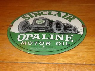 Vintage Sinclair Opaline Motor Oil W/ Car 11 3/4 " Porcelain Metal Gasoline Sign