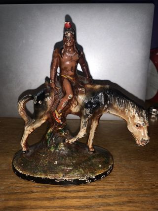 Vintage Painted Cast Iron Native American On Horse Statue / Figurine