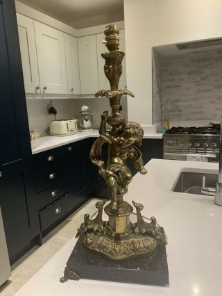 Huge Antique Brass Gold Cherub Rococo Column Table Lamp Marble