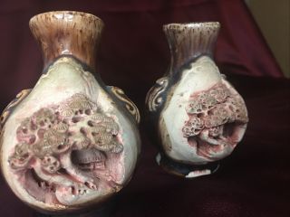Set Of 2 Handmade Japanese Carved Pottery Vases Detail 3 1/2”